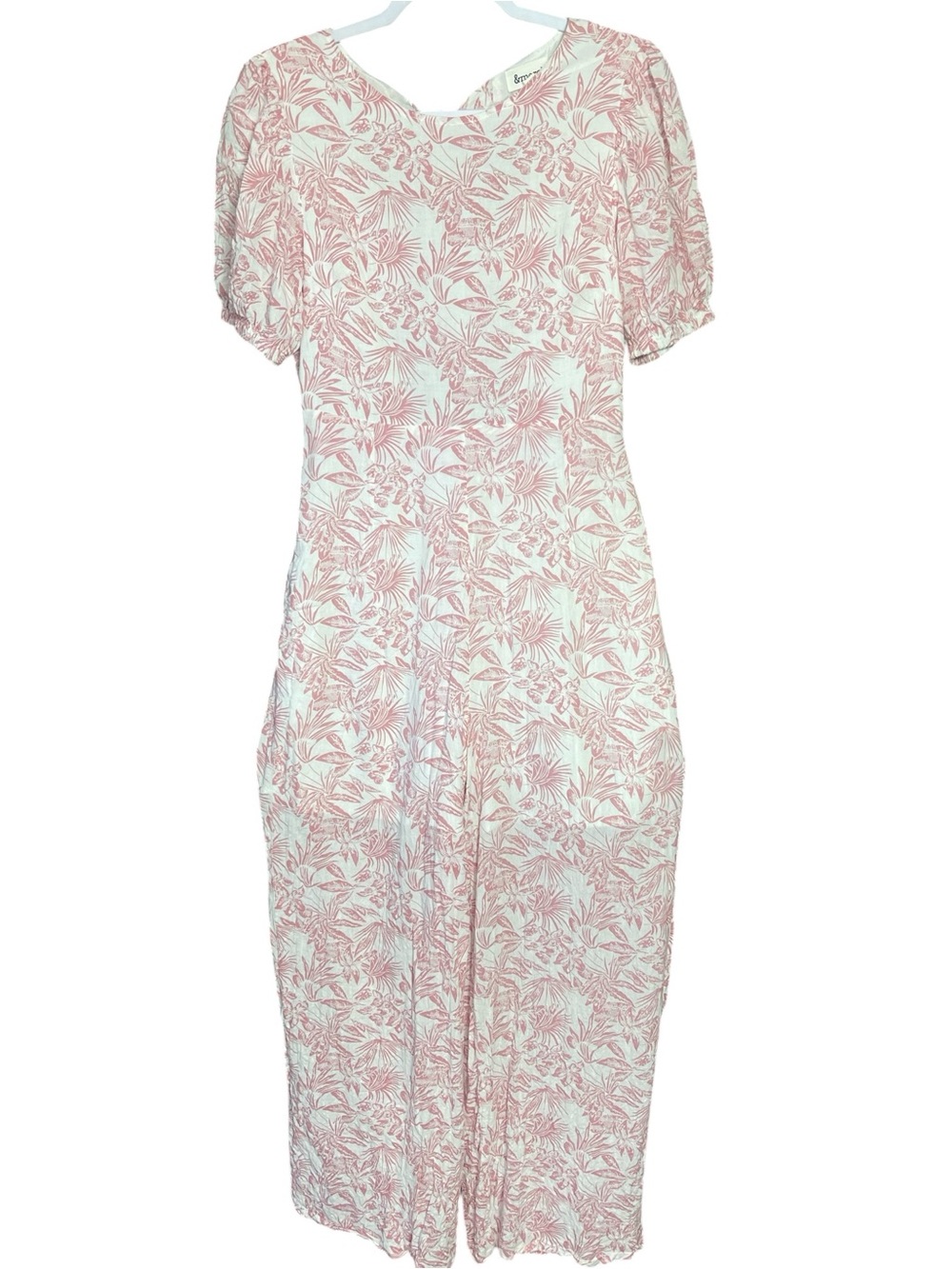 &Merci Pink White Floral Botanical Print Wide Leg Jumpsuit Puff Sleeve